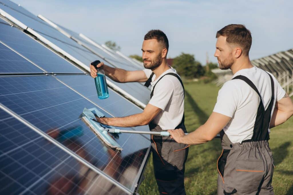 Twee professionele, mannelijke schoonmakers die zonnepanelen schoonmaken - Zonnepanelen schoonmaken | Asenso Schoonmaakdiensten