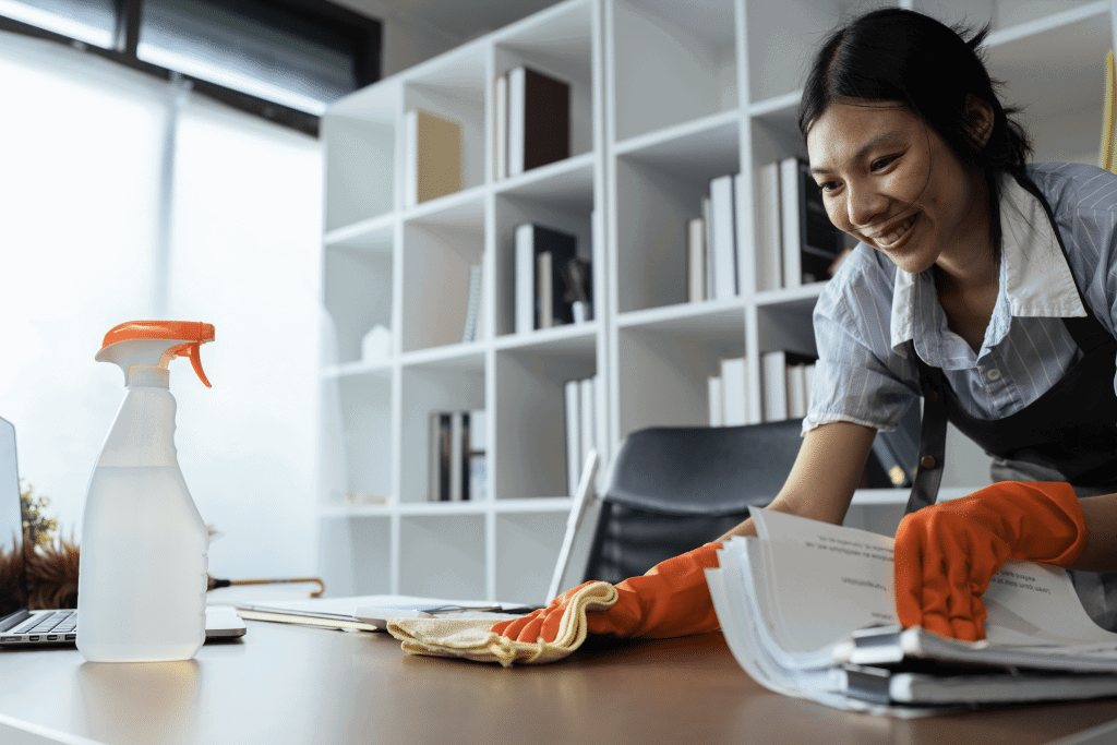 Vrolijke schoonmaakster die bureau schoonmaakt met handschoenen en spray fles | Hoe vaak kantoor schoonmaken | Asenso Schoonmaakdiensten