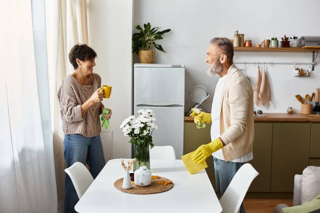 Lachend koppel dat samen de woonkamer schoonmaakt | Huis schoonmaken bij hooikoorts | Asenso Schoonmaakdiensten
